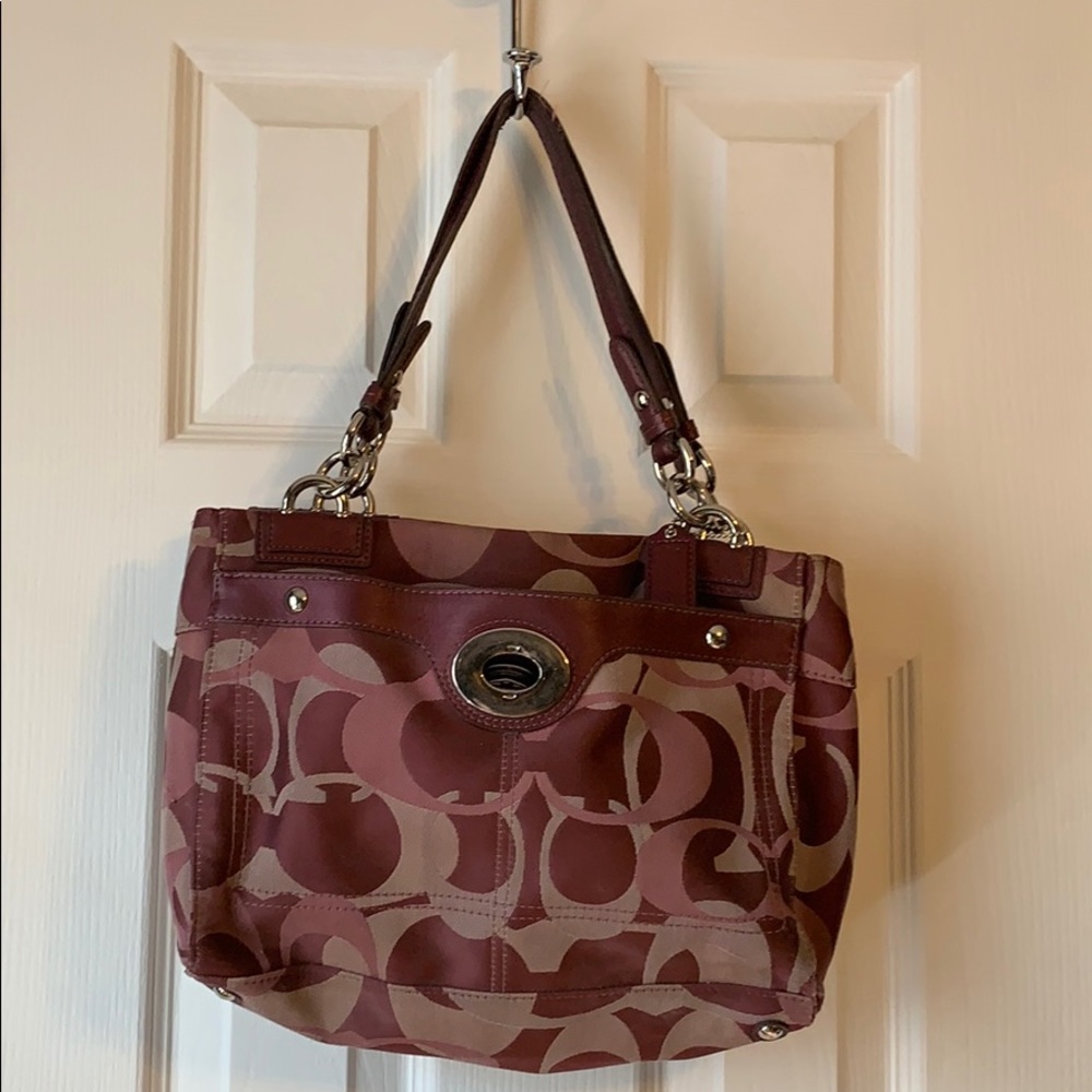 Used coach optic tote purse bag burgundy red